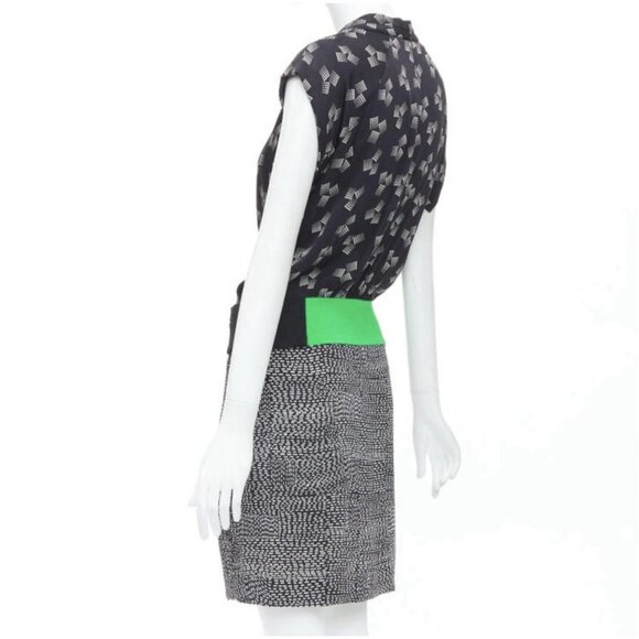 Diane von Furstenberg DVF Stretch Silk Dress 2 Black Green Ivory Short Sleeve - Picture 8 of 16